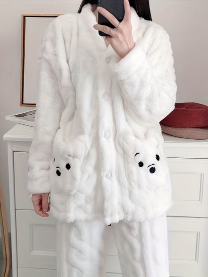 Cute Bear and Letter Printed Fleece Jacquard Pajamas Suit，Long Sleeve Button V Collar Top and Elastic Pants，Women's Pajamas and Homewear