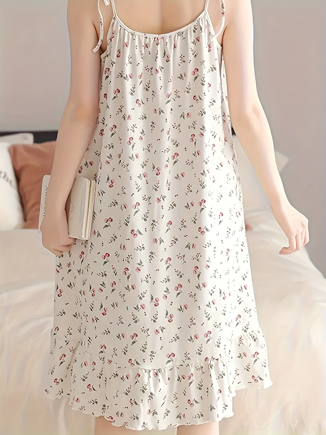 Women's Floral Print Dress round Neck Ruffled Nightdress