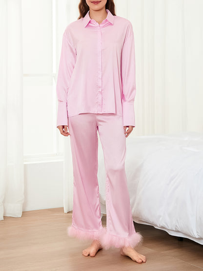 Ladies Two-Piece Set Pajamas，Includes a Button Long Sleeve Shirt and Elastic Pants with Feather Cuffs，Suitable for Casual and Comfortable Sleep Wear。