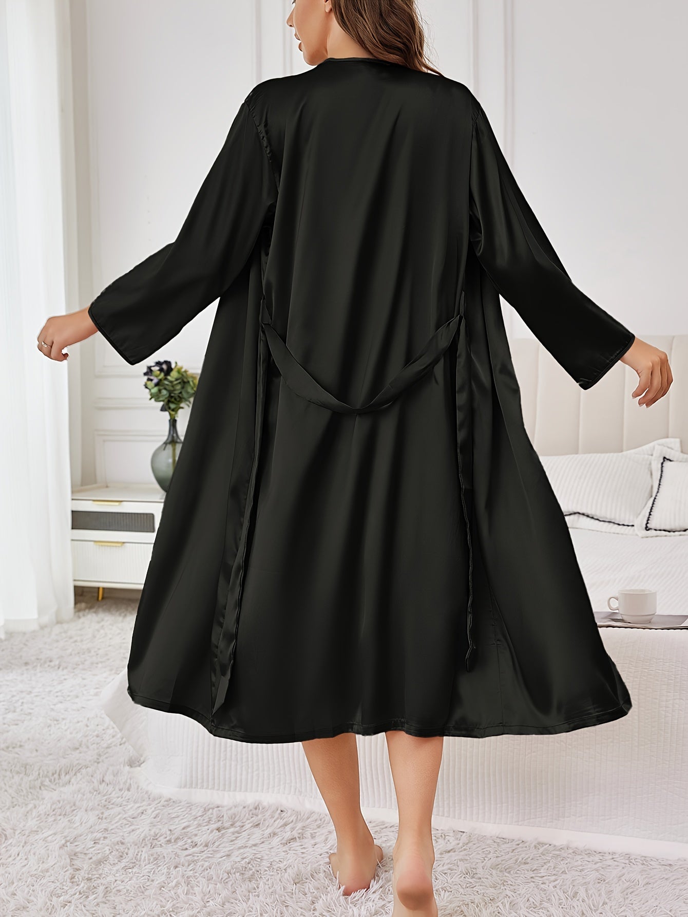 1Elegant Women's Spring and Summer Soft Silky Silk Pajamas Solid Color Sexy Loose Autumn and Winter Long Sleeve Nightgown Cool Breathable Home Clothing Suitable for Home Use