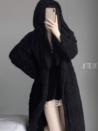 Winter Casual Solid Jacquard Fleece Thickening Nightgown，Long Sleeve Side Knot Hooded Robe，Women's Pajamas and Dress