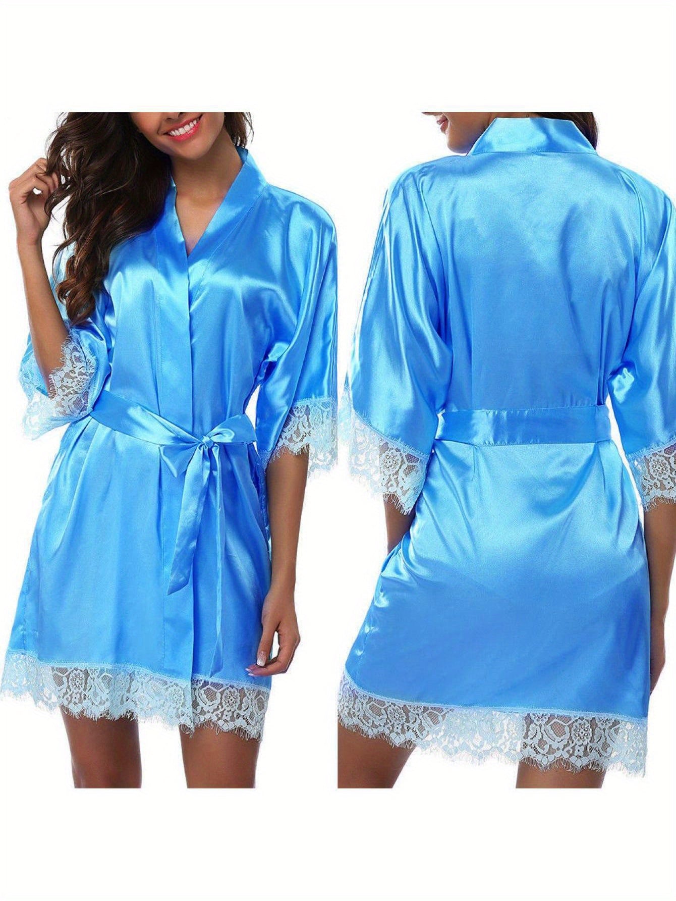 Women's real-silk nightgown Short Lace Satin Bridal Nightgown 3/4 Sleeve Sexy Kimono Pajamas Pajamas With Pockets and Removable Belt