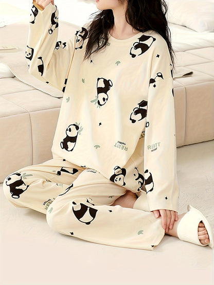 Cute Panda and Casual Suit Printed with Letters：Long Sleeve Round Neck Top and Pants，Autumn and Winter New Ladies' Homewear and Pajamas