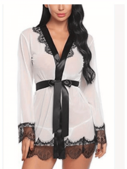 Fashion Women's Satin Lace Nightdress - V Collar，Slim Strap Belt Details，Translucent Pajamas