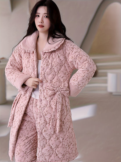 An Elegant Set of Women's Pajamas Suit - Polyester Knitted Fabric Suitable for All Seasons，Long Sleeve V Collar Top with Shorts，Solid Color Design Buckle Details，Comfortable Iceland Velvet Thick Warm Home Wear