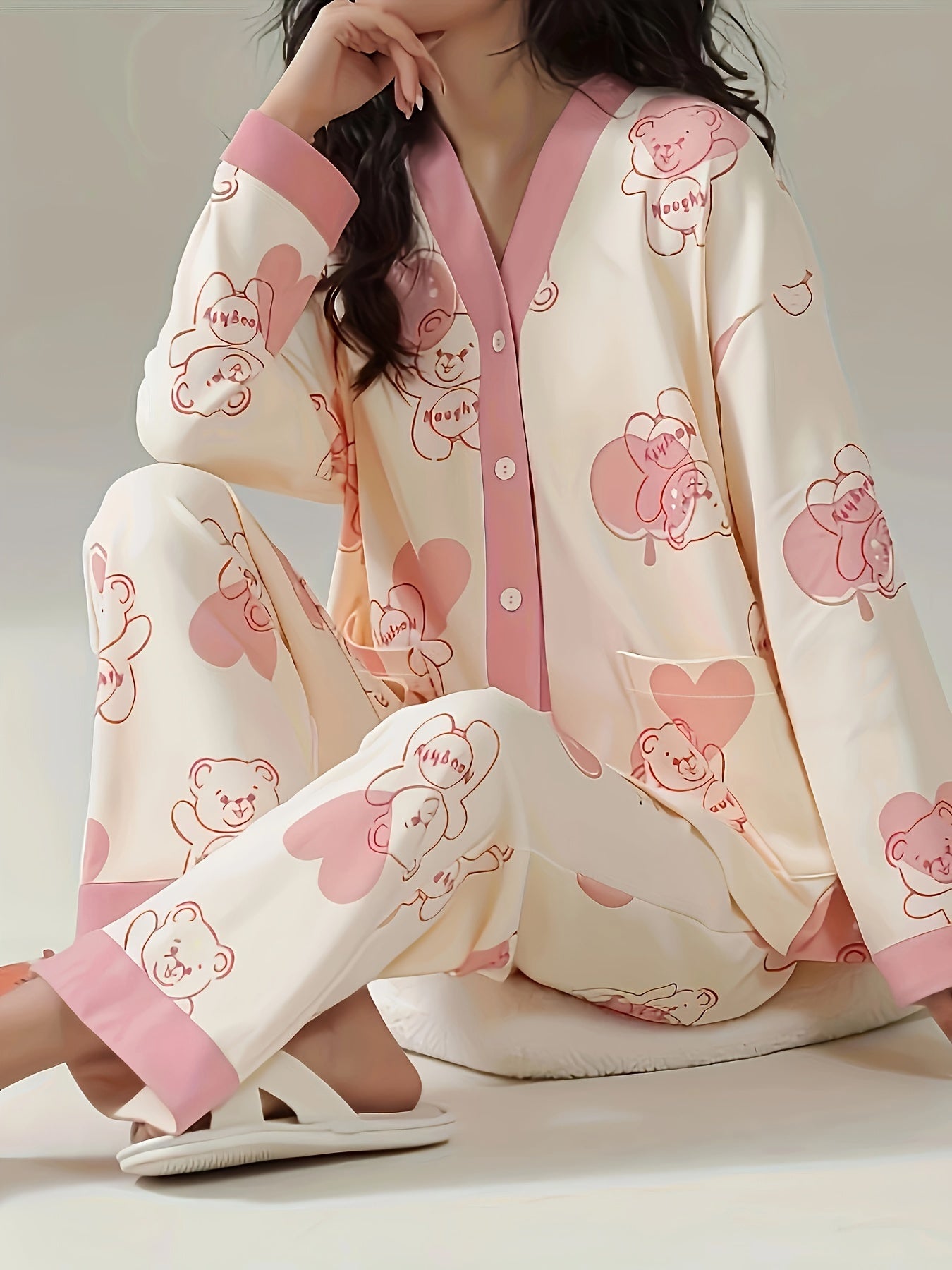 Cartoon Bear Print Pajamas Suit，Long Sleeve Button Top and Elastic Waistband Pants，Women's Pajamas and Homewear