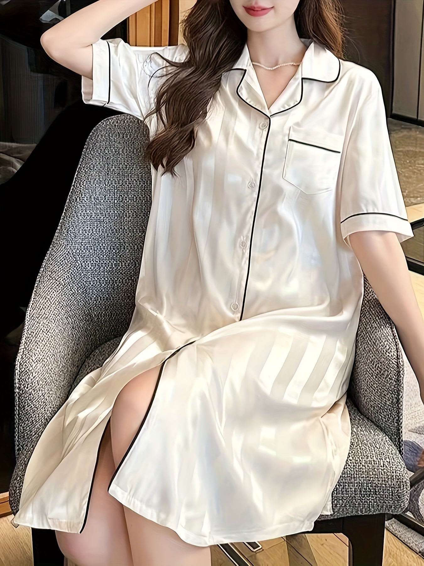 Women's Elegant Striped Satin Pajamas Dress，Short Sleeve Button Lapel Shirt Dress，Comfortable Pajamas