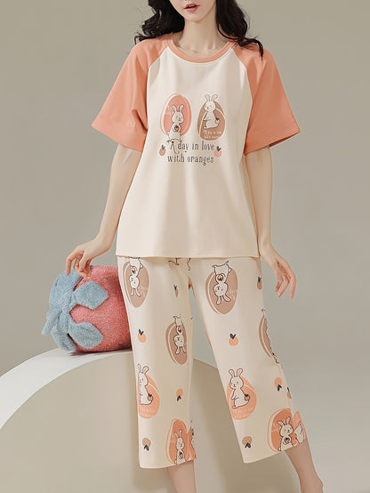 Women's Cartoon Pajamas Suit - Comfortable Polyester Blending，Short Sleeve and Shorts，Round Neck Pullover - Perfect Choice for Summer Home Wear