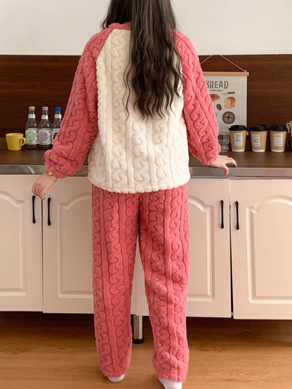 Flannel Winter Thermal Long Sleeve Red Trousers Cartoon Velvet Extra Thick Band Pocket Pajamas Suit