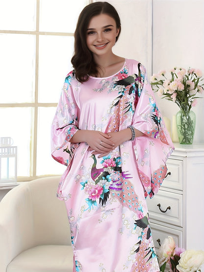 Elegant Women's Floral Peacock Nightdress - Lightweight Breathable Satin Pajamas，Three-Quarter Sleeve，round Neck - Casual Loose，Suitable for Spring/Summer Home Casual Wear