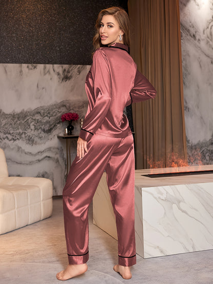 Women's Solid Color Satin Casual Pajamas Suit，Long Sleeve Button Polo Collar Top and Pants，Comfortable Loose Design Autumn Winter Autumn