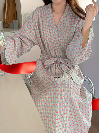 An Elegant Heart-Shaped Plaid Women's Long Sleeve V Collar Pajamas，Polyester Fiber Knitted Home Wear，with Pocket，Suitable for Spring, Summer and Autumn，Adult Comfort Bathrobe