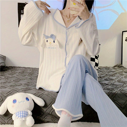 2Pieces Sanrio Women's pajama suit，Sweet Lapel Long Sleeve Top with Bowknot and Embroidered Dog，Solid Color Polyester Knitted Fabric，Trousers，Spring and autumn pajamas