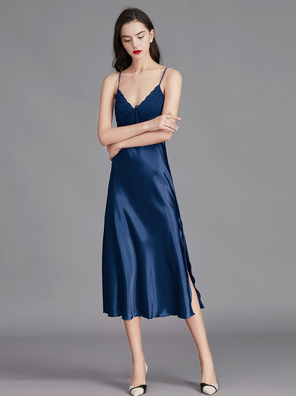 Women Satin Pajamas Sexy Sleepwear Slim Shoulder Strap Stacked Neck Elegant Long Satin Sling Mid-Length Dress