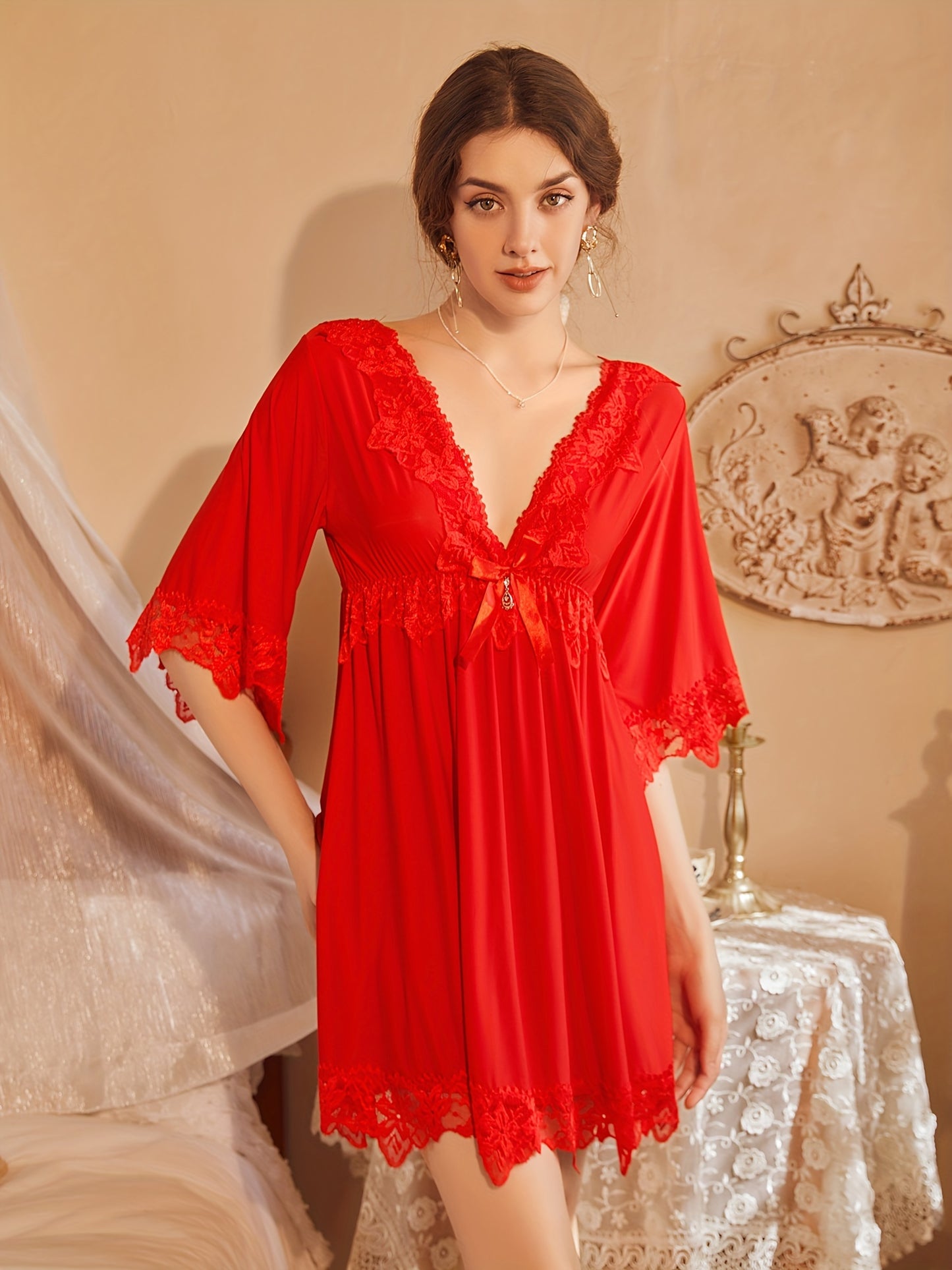 【Popular Choice】Sexy and Beautiful V Collar Bow Soft and Comfortable Stitching Lace Nightdress