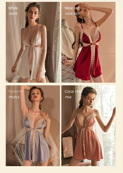 Women's Elegant Solid Color Satin Pajamas Dress，Sexy Sling Lace Deep V Collar Dress，Women's pajamas and leisure wear