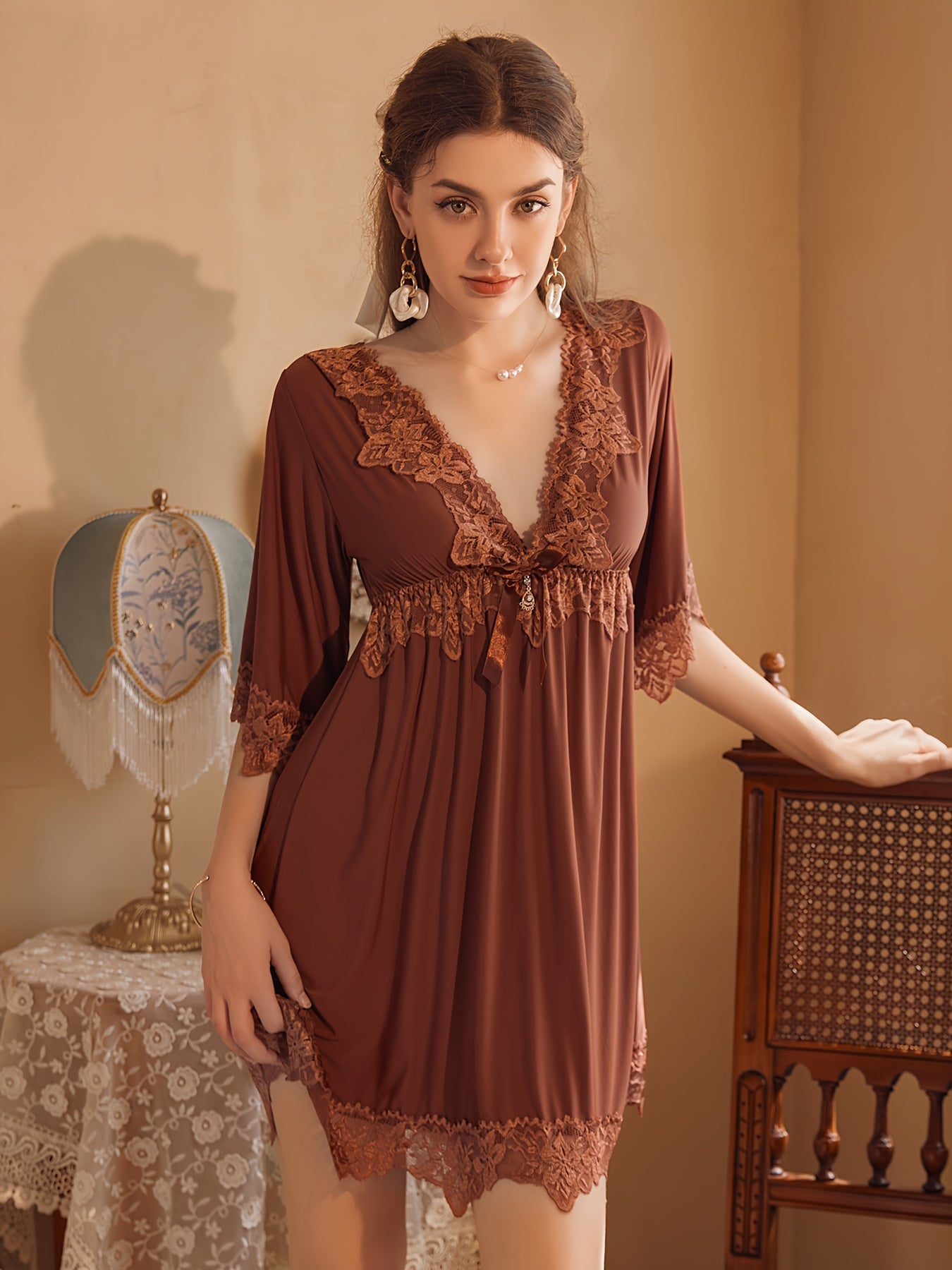 Women's Elegant Solid Color Lace Trim Pajamas Dress，3/4 Sleeve V Collar Waist Dress，Comfortable Pajamas