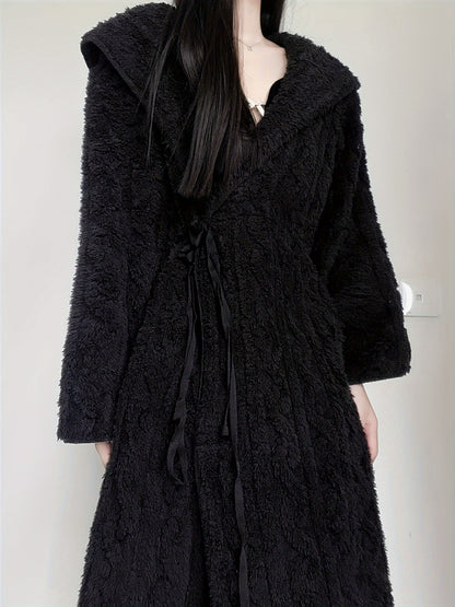 Winter Casual Solid Jacquard Fleece Thickening Nightgown，Long Sleeve Side Knot Hooded Robe，Women's Pajamas and Dress