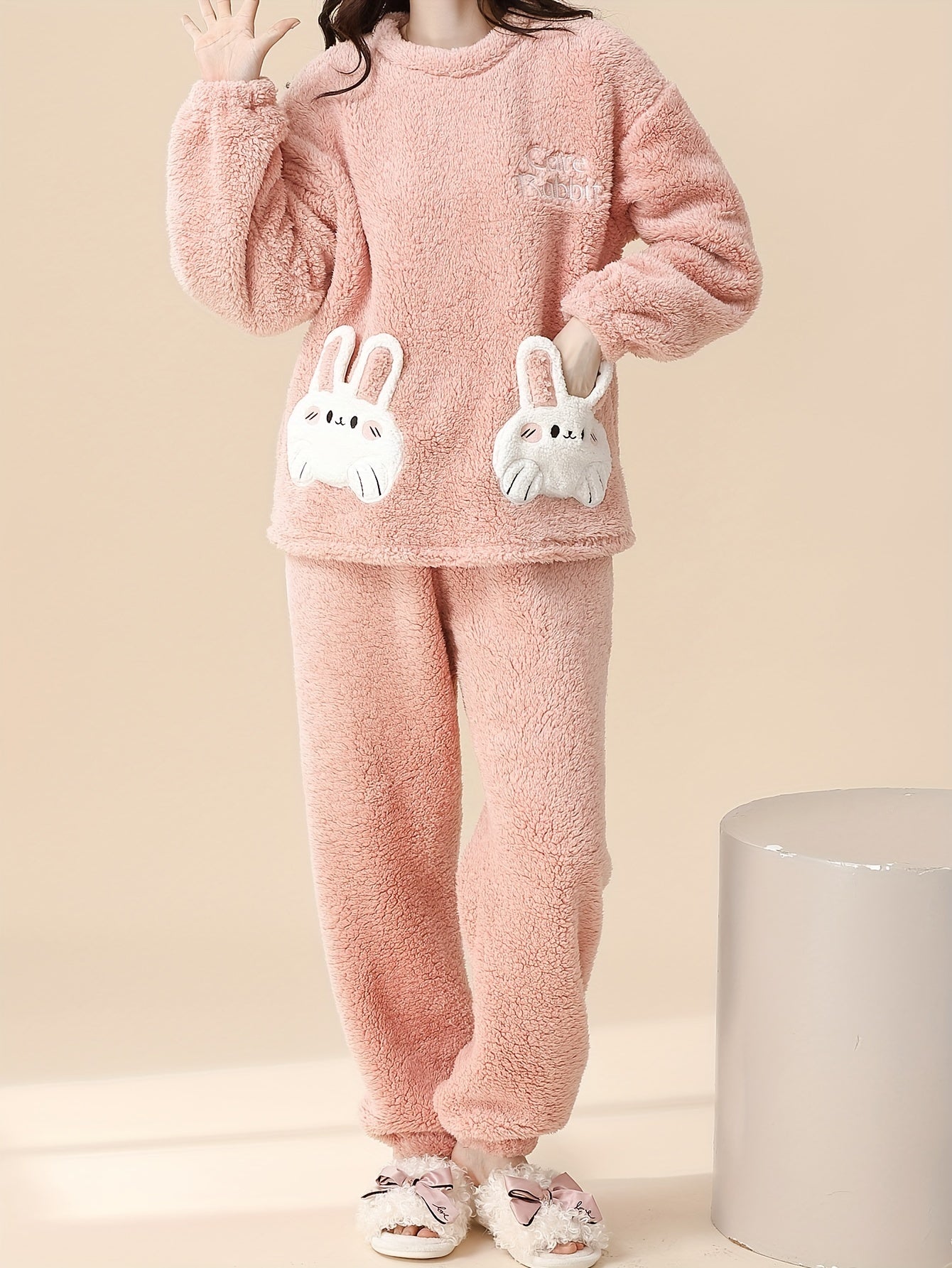 Women's Cute Rabbit Pattern Plush Thick Casual Suit，Long Sleeve Round Neck Top and Pants，Comfortable Loose Design，Suitable for Autumn and Winter