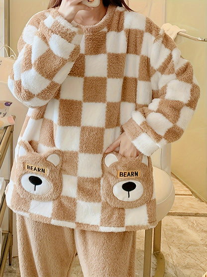 Women's Autumn and Winter Thickening Coral Velvet Pajamas Sweet Cute Bear Brown Plaid Homewear Loose plus Size Two-Piece Suit