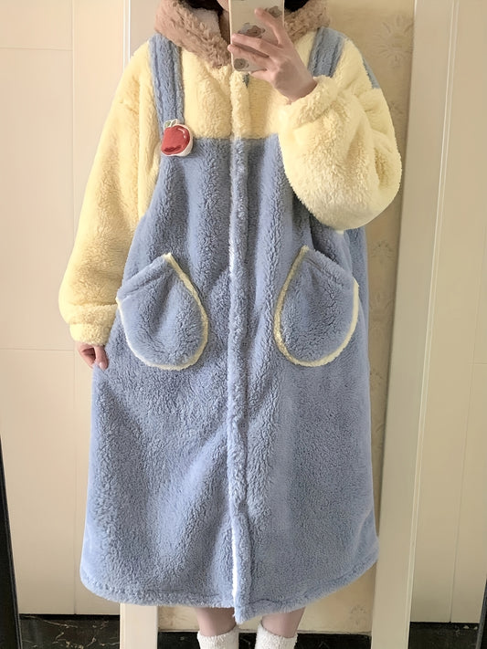 1Comfortable Coral Fleece Hood Nightdress - College Style Color Matching Pattern，Thick Warm Fleece，Machine Wash Available，Novel Pajamas with Pockets，100%Polyester Fiber - Perfect for Autumn and Winter