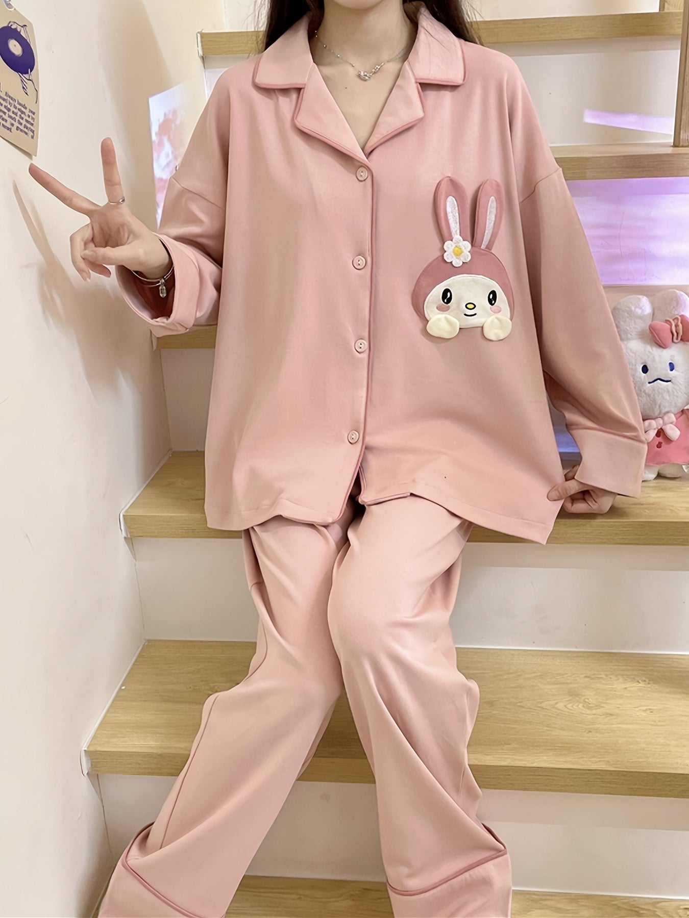 Women's Cute Rabbit Cartoon Pajamas Suit，Pink Long Sleeve Collar Top and Trousers，Knitted Polyester 95% Scalability 5%，Spring and Autumn Leisure Homewear，Without Belt，Button Closure，280g/m² Textile Weight