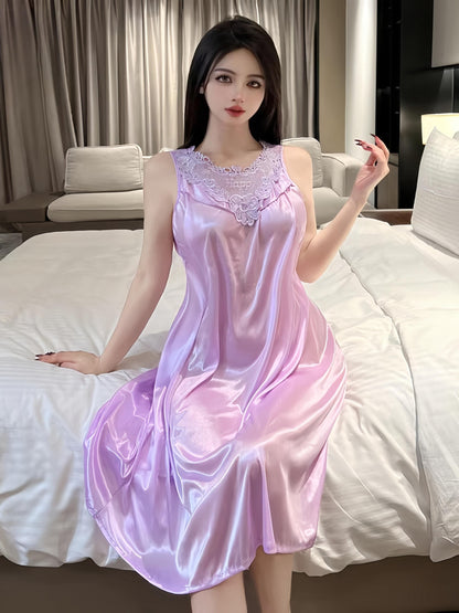 Lady Sexy Solid Color Satin Stitching Lace Pajamas Dress，round Neck Sleeveless Vest Dress，Comfortable Nightgown