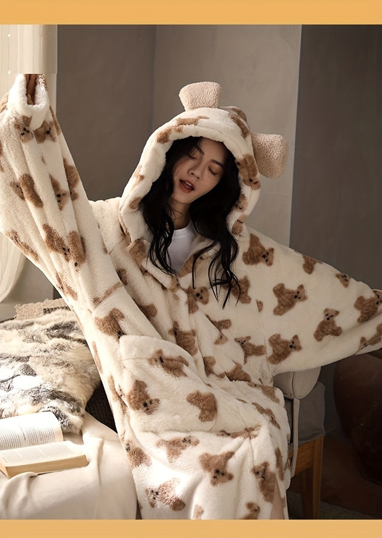 A Comfortable Suede Long-Sleeved Pajamas with Cartoon Bear Print，with Hat and Pocket Homewear，Fall winter fashion，Adult Size