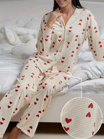 Two-Piece Casual Wear for Women，With Heart-Shaped Pattern，V Collar Design，Button Long Sleeve Top and Trousers，Very Suitable for Valentine's Day Wear。