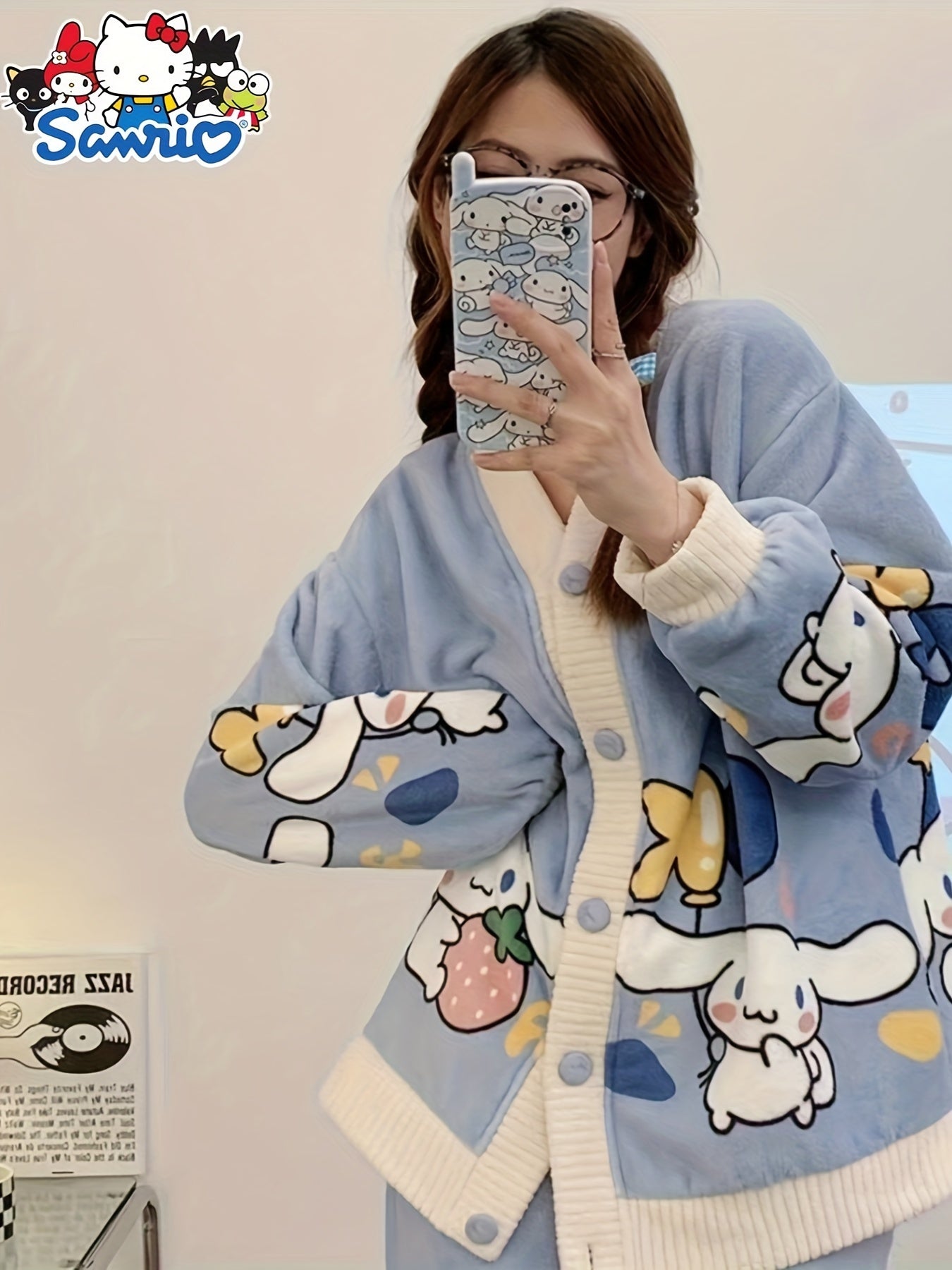 2 Set of Sanrio Authorized Cartoon Pattern Long-Sleeved Pajamas Suit，Thick Warm Loungewear，Sweet Cute Pajamas，Outerwear Homewear 2 Set