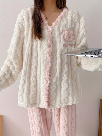 【Customer Favorite】Comfortable Fleece Women's Pajama Suit，with Cute Bear and Letter Pattern - Casual Long-Sleeved Top and Pants，Winter Non-Retractable Polyester Pajamas