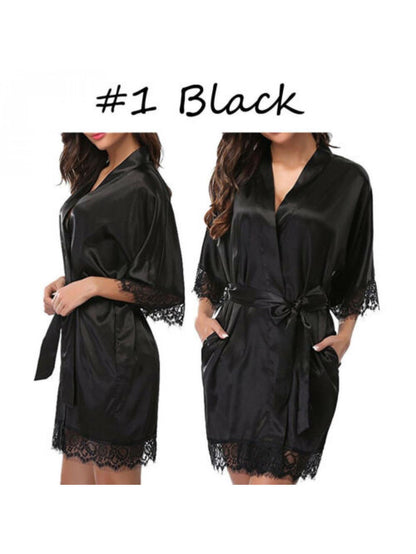 Women's real-silk nightgown Short Lace Satin Bridal Nightgown 3/4 Sleeve Sexy Kimono Pajamas Pajamas With Pockets and Removable Belt