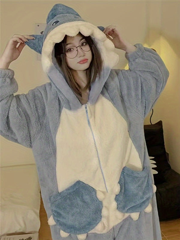 Women's Autumn and Winter Style Cute Shark Cartoon One-Piece Pajama，Coral Fleece Thickened Warm Hooded Tracksuit，Can Be Worn outside