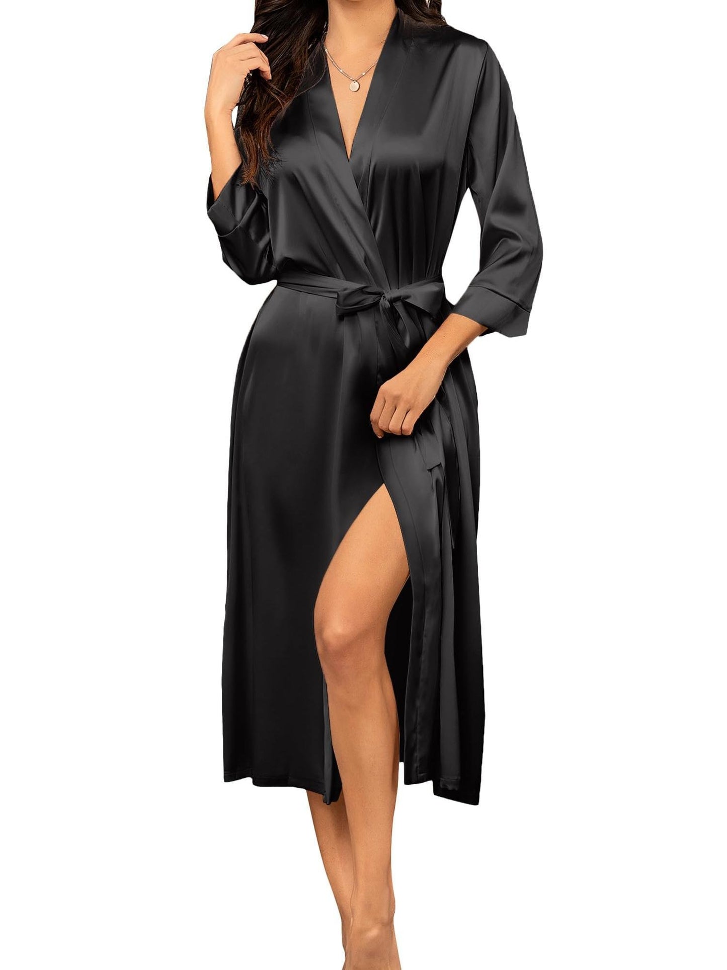 Elegant Lady Satin Long Sleeve V Collar Girdle Printed Homewear - Suitable for All Seasons，Non-See-through Type