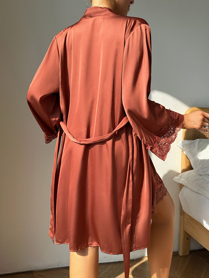 Sexy Solid Color Contrast Color Lace Pajamas Suit，Long Sleeve with Belt Bathrobe and V Collar Suspender Dress，Women's Pajamas