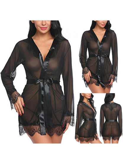 Fashion Women's Satin Lace Nightdress - V Collar，Slim Strap Belt Details，Translucent Pajamas