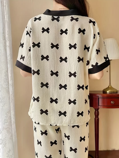 Elegant Bow Print Pajamas Suit，Short Sleeve Button V Collar Top and Elastic Pants，Women's Pajamas and Homewear