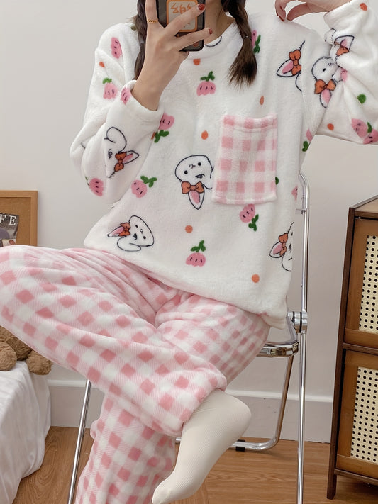 Winter Warm Women's Flannel Pajamas Suit，Cute Bunny Plaid Pattern Casual Homewear Suit