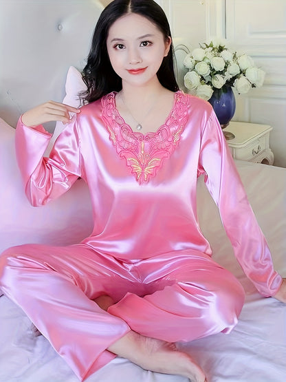 Women's Autumn and Winter Long-Sleeved Lace Satin Pajama Pants Suit，Fashion Comfortable Pajamas Suit，2Pajamas Set，Elegant Style，Autumn and Winter