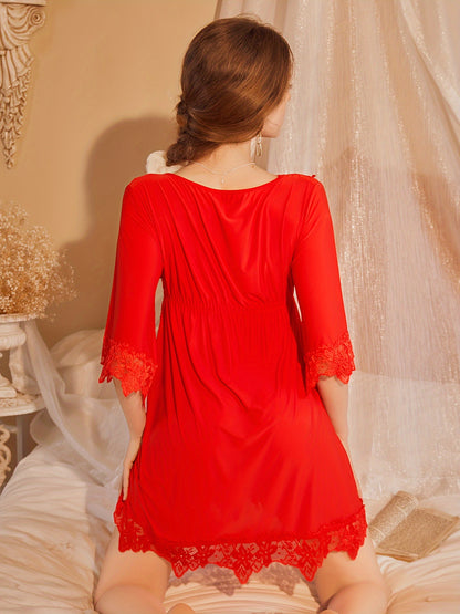 【Popular Choice】Sexy and Beautiful V Collar Bow Soft and Comfortable Stitching Lace Nightdress