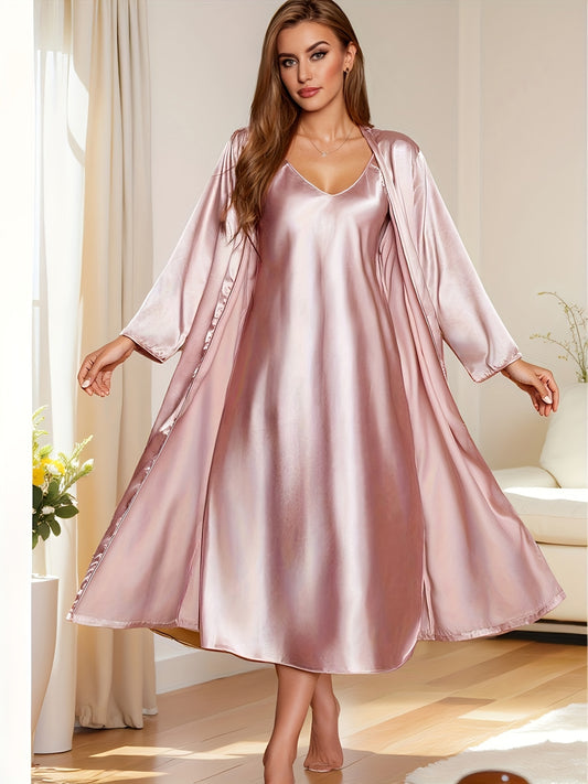 Autumn and Winter Luxury Women's Satin Pajamas Suit Soft Long Sleeve Robe V Collar Sling Dress Comfortable Loose Cut Elegant Solid Color Women's Pajamas Comfortable Home Casual Wear