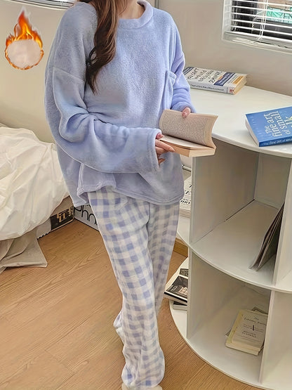 Soft and Warm Pajamas Suit，Comfortable Long-Sleeved Pajamas Top and Plush Plaid Pajama Pants，Ladies' Homewear and Pajamas