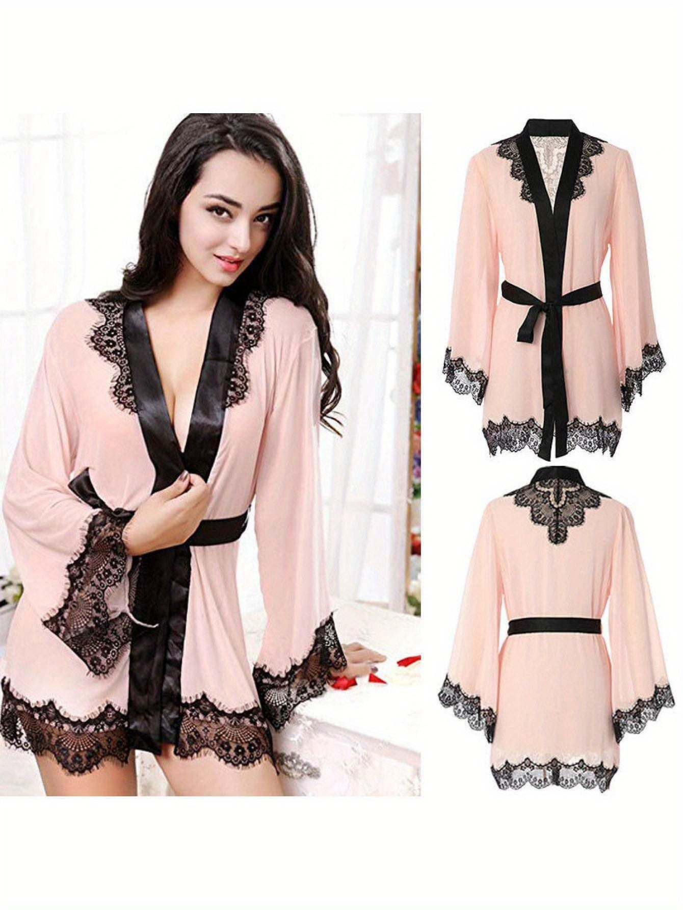 Fashion Women's Satin Lace Nightdress - V Collar，Slim Strap Belt Details，Translucent Pajamas