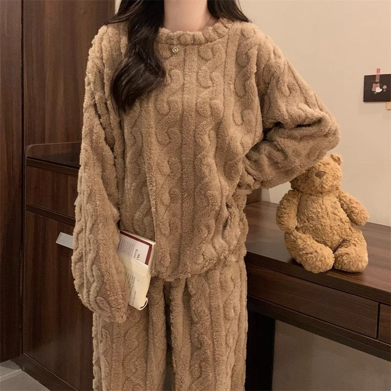 Fashion Coral Velvet Jacquard Suit Pajamas Autumn and Winter Thickened plus Velvet Girl's Casual Suit Top and Pants