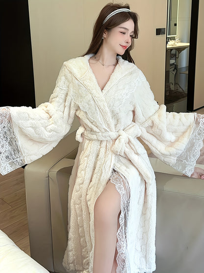 Winter Long Sleeve Lace Stitching Hooded Cardigan Mid-Length Jacquard Sweet Style Hooded Nightgown Fashion Casual Lace up Flannel Comfortable Warm Ladies Sleeping Dress Loungewear Gown