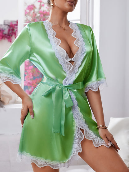 Sexy Solid Color Satin Lace Robe，Half Sleeve V Collar Nightgown with Belt，Women's Pajamas and Dress