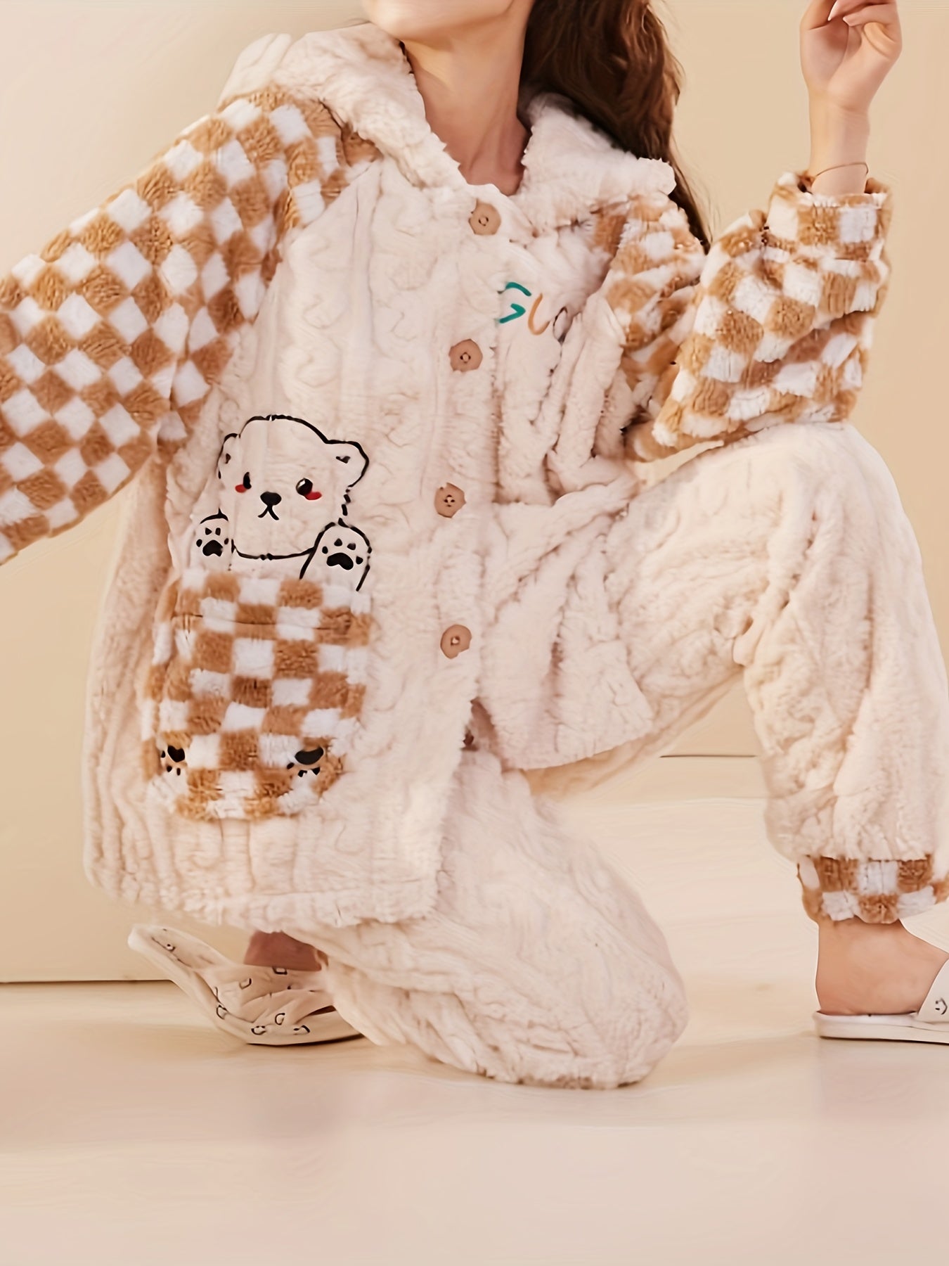 Women's Comfortable Pajamas Suit，Long Sleeve，Trousers，With Hat Open Front Cardigan，Coral Fleece，Cartoon Bear Print，Thermal pajamas，Polyester，Casual Style，Suitable for All Seasons。