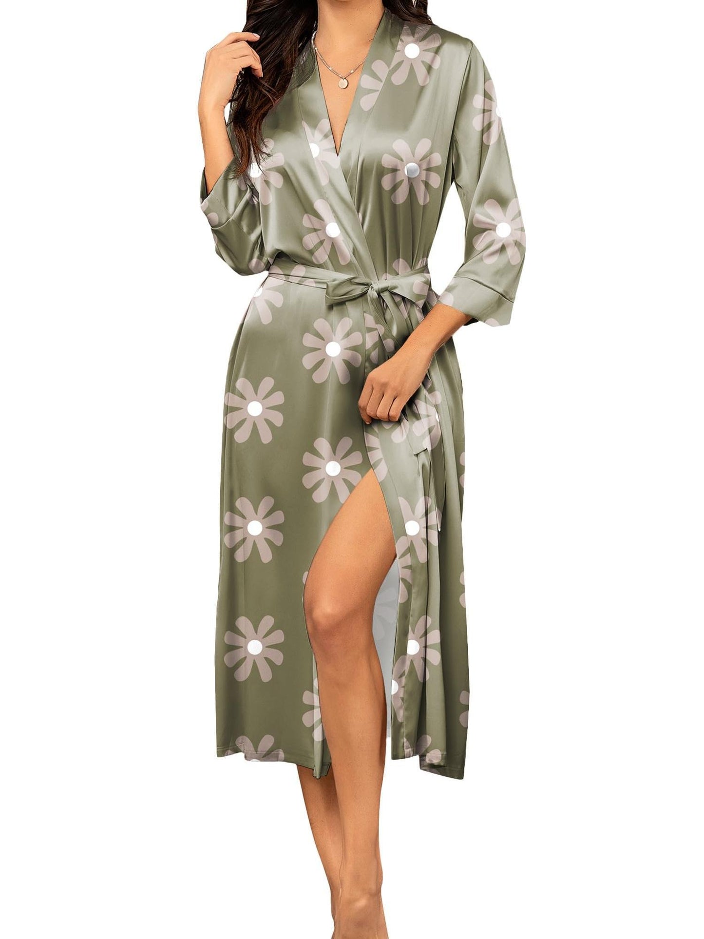 Elegant Lady Satin Long Sleeve V Collar Girdle Printed Homewear - Suitable for All Seasons，Non-See-through Type