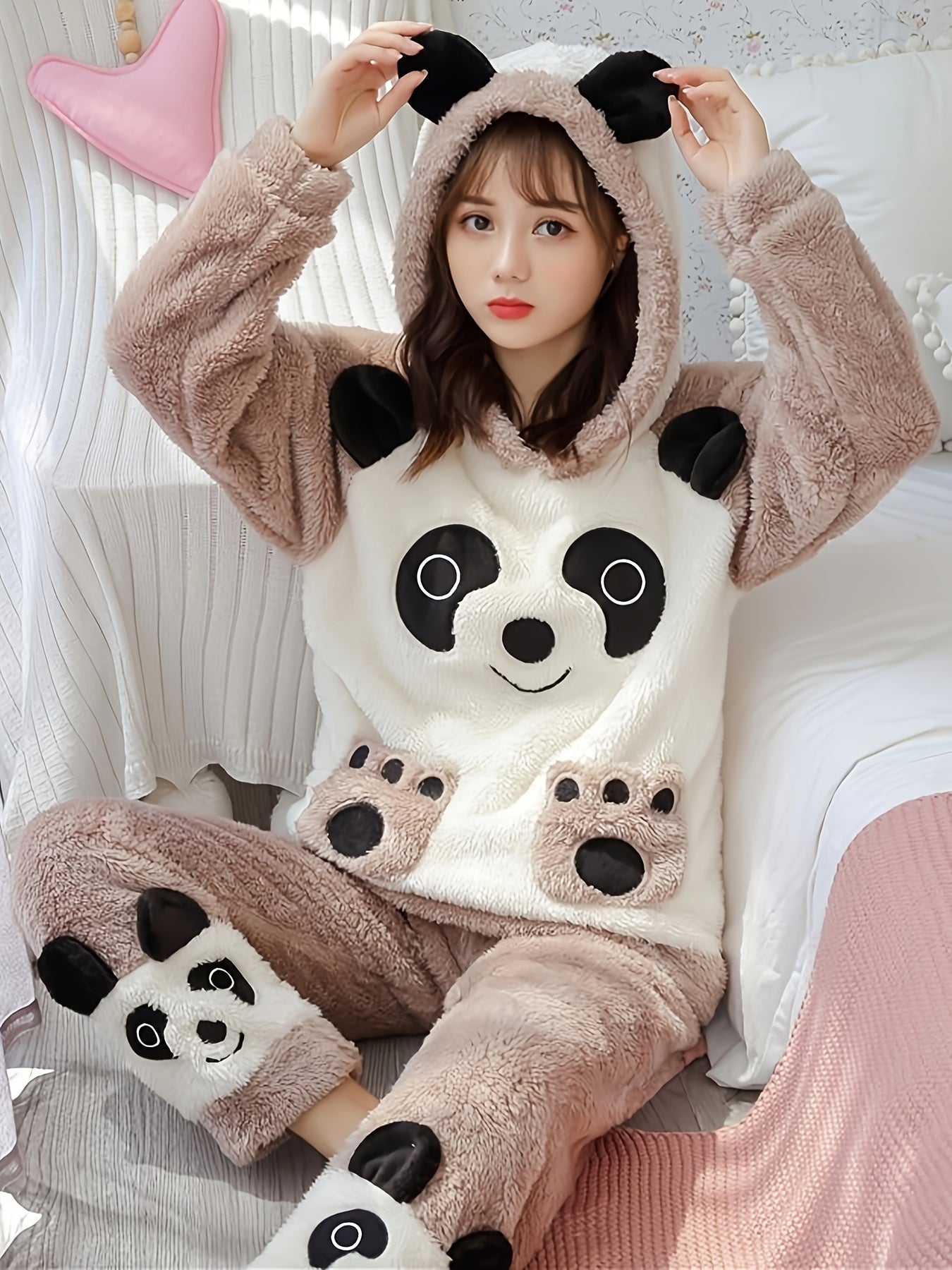 Women's Winter Pajamas Suit，Cute Cartoon Panda Hooded Long Sleeve Top，Embroidered Fluff，Thick Warm Polyester Home Wear，100%Polyester Knitted Fabric，Adult Casual Wear