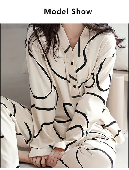 Women's Fashion Casual Set，Long Sleeve Top with Elastic Waist Pants，Casual Abstract Striped Printed Pajamas Suit Autumn and Winter